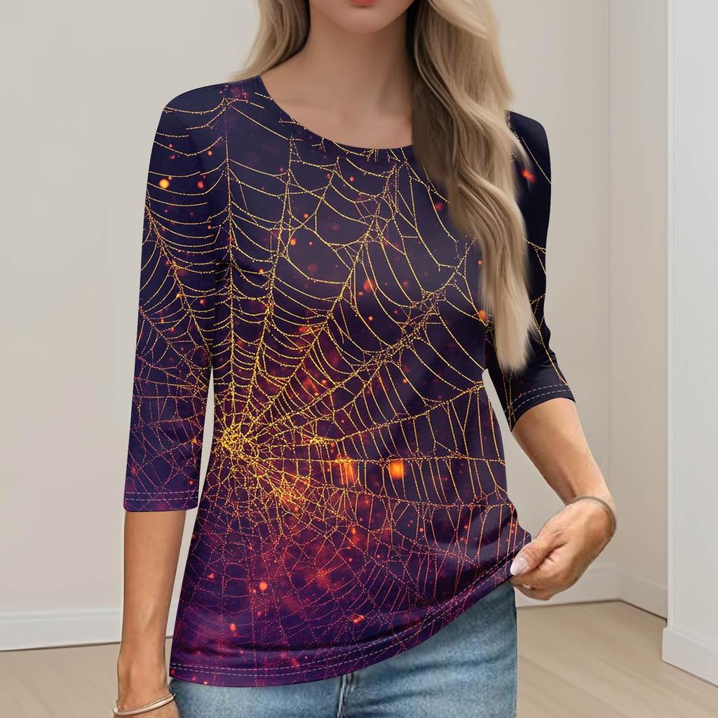 Women's Fashion Casual Round Neck 3/4 Sleeve Loose Printed T-Shirt Ladies Top