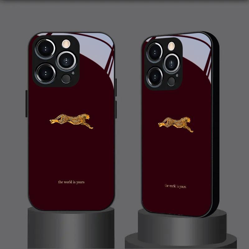 Wine Red Leopard Pattern Tempered Glass Phone Case For iPhone 17 Pro Max 16 15 14 13 12 11 Pro 16E 17Air 7 8 Plus XR XS X Cover