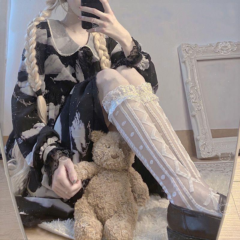 Japanese Style Sweet Calf Glass Silk Socks Spring Summer Cute Lace Ruffle White Knee High Socks Thin
