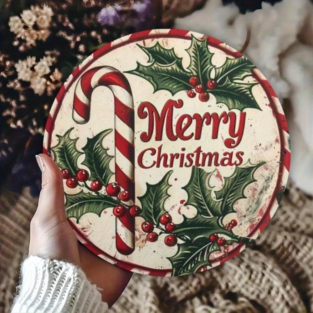 Vintage Christmas Metal Sign Candy Cane Holly Berry Decor Kitchen Wall Art Gift