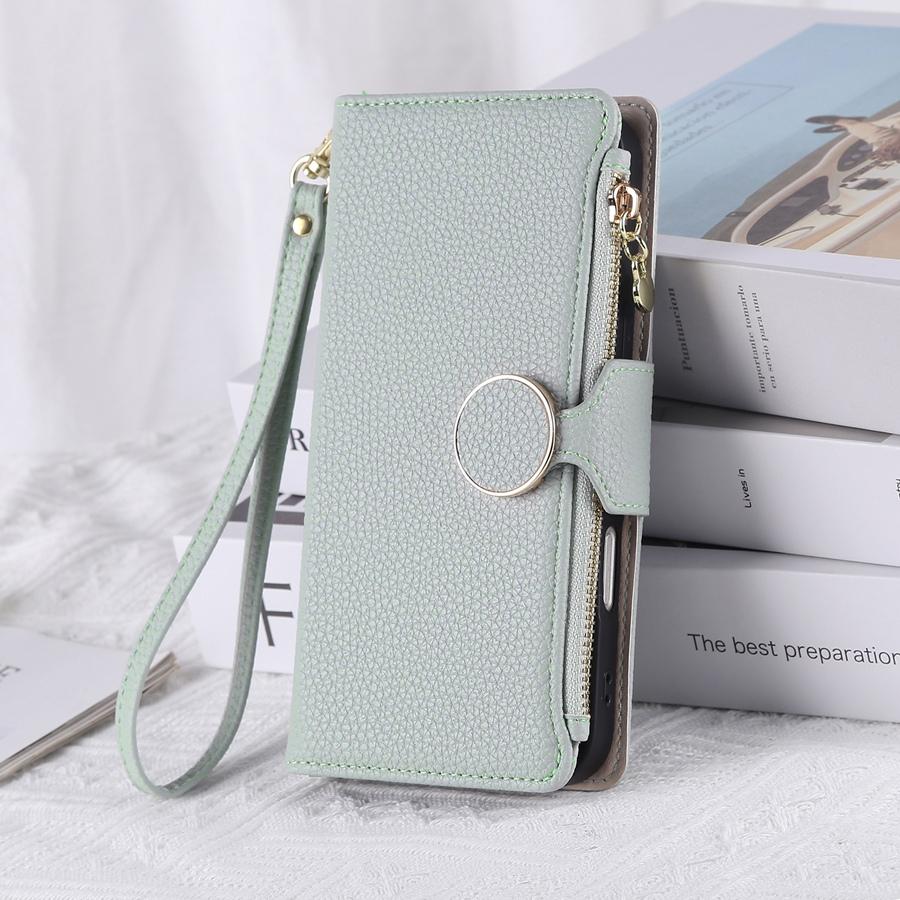 Pentru iPhone Textură Litchi Piele PU Portofel Husă Telefon cu 3 Sloturi pentru Carduri+Buzunar Lateral cu Fermoar+Slot pentru Bani Gheață Șnur Detașabil Huse Telefon Multifuncționale