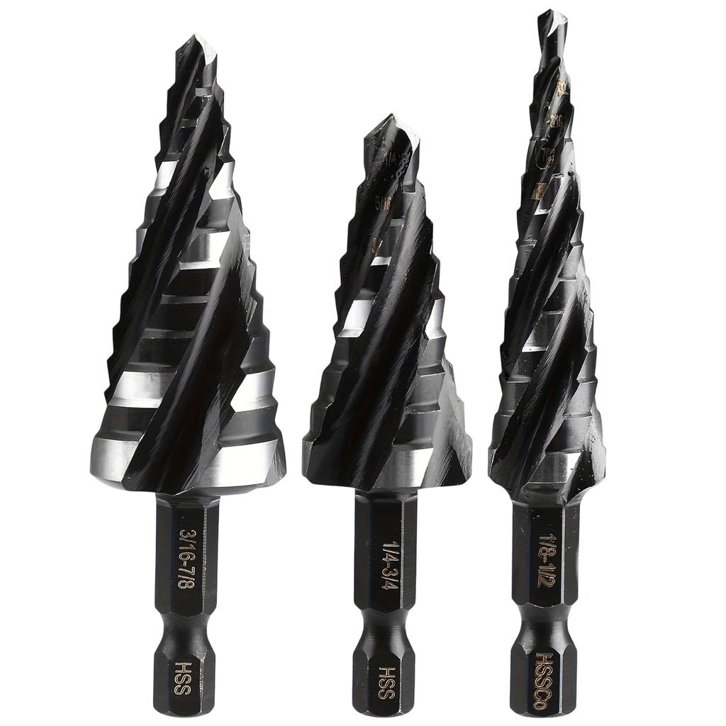 3PCS Spiral Step Drill Bit Set Metric Step Drill Bits High Speed Steel Step Drill Bit for Metal Plastic Wood Drilling Tool