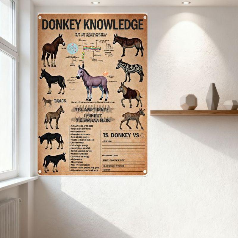 Vintage 'Donkey Knowledge' Educational Metal Tin Sign - Equine Species Comparison, Old Zoological Print Wall Decor for Home/Bar/