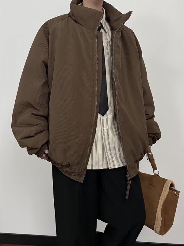 Men's Winter Maillard Stripe Cotton Jacket with Stand Collar - Japanese Neutral Style, Thick and Loose