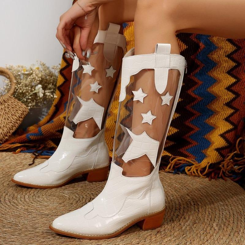 Autumn and Winter New High Boots Women's Large Size Transparent Pentagram Low Square Heel Fashion Women's Boots