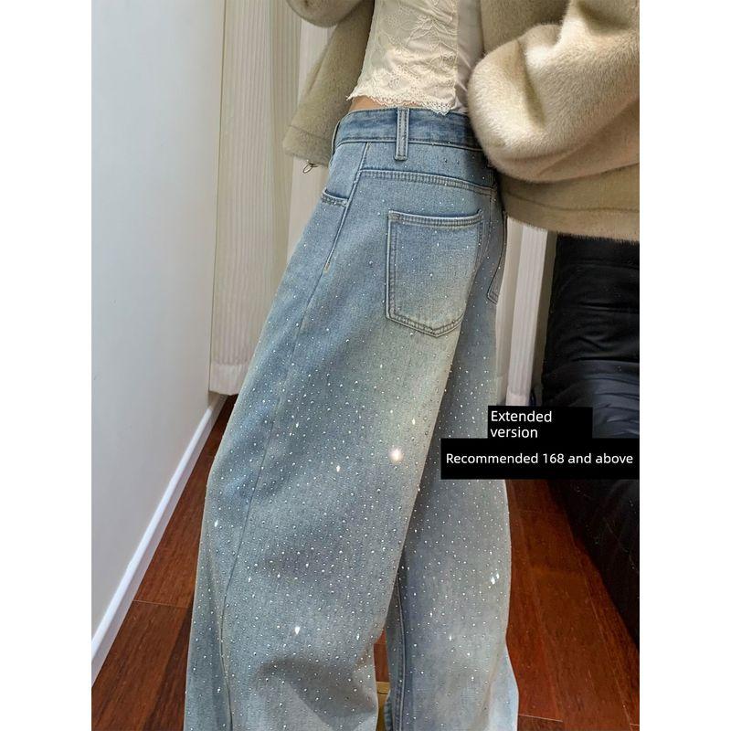 

Stylish Rhinestone-Embellished Straight-Leg Jeans for Women, New Spring Model for Plus-Size Girls, High-Waisted Slimming Wide-Leg Pants Blue, Extended Length XL