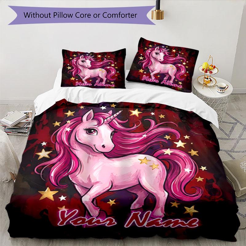 3pcs Custom Name Magical Unicorn Fantasy Bedding Set Printed Bedding Set Duvet Cover Closure Includes 1 Duvet Cover & 2 Pillowcases Bedroom Decor