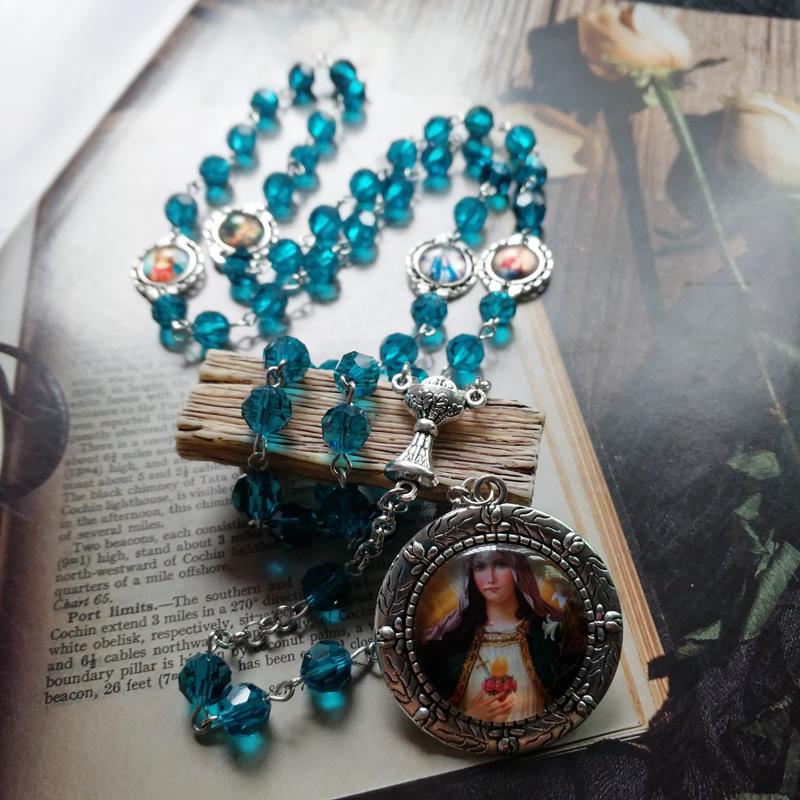 Vintage Religious Catholic Cross Rosary Necklace Beads Holy Figure Jesus Hanging Pendant Jesus Rosary Necklace Wall Decoration