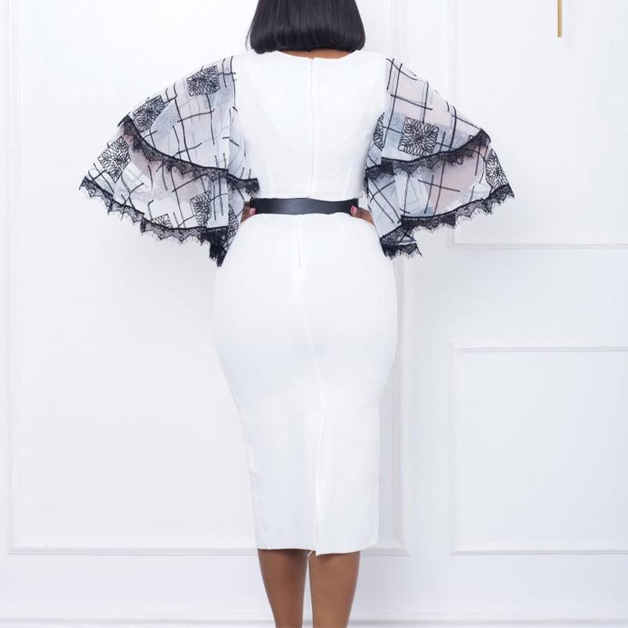 Large Size Women Summer Fashion Flare Sleeves Dress Ladies One Piece V Neck Sheath Dress with Belt