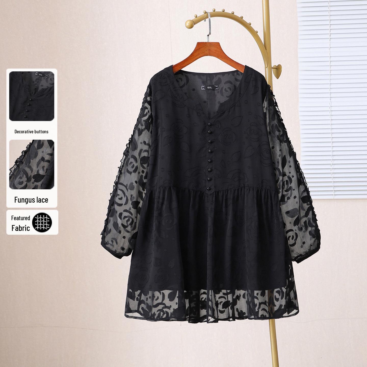 

Plus Size Women s Jacquard Chiffon Long Sleeve Slimming Top - Black, Stylish Spring Design for Curvy Figures 6XL (fits 180-200 jin) чёрный