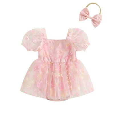 Baby Girl Summer Outfits Short Puff Sleeve 3D Flower Romper Tulle Dress with Headband Set 2Pcs Clothes