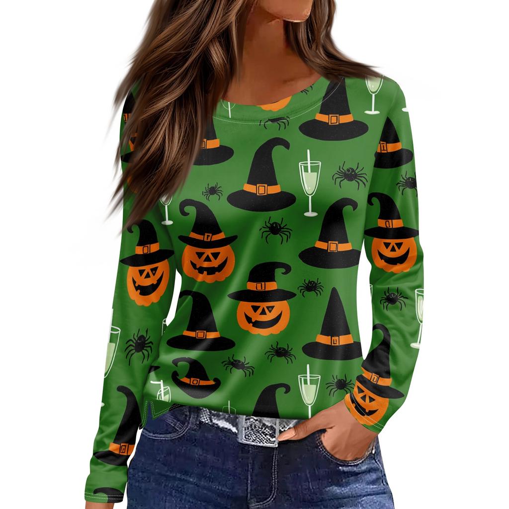 Women Fashion Long Sleeve Crew Neck Top Halloween Print Split Hem Casual Blouse Lightweight Comfortable Fit