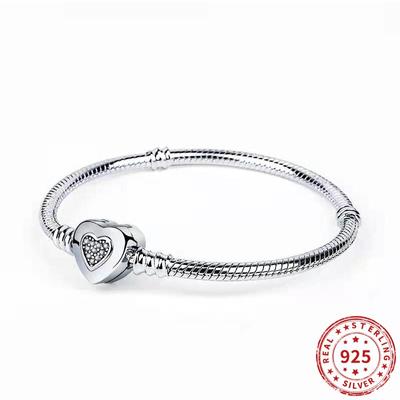 Echtes 925 Sterling Silber Kristall Herz Verschluss Schlange Kette Armbänder Fit Original Pan Bead Charm Frauen Armband Schmuck