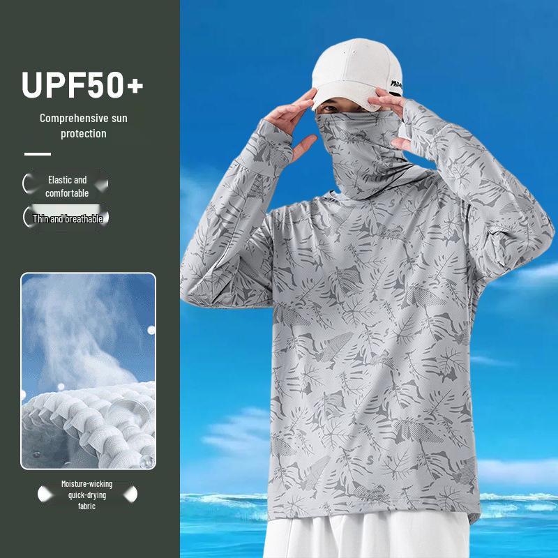 חליפת דיג גברים להגנה מ-UV וייבוש מהיר - קלת משקל לקיץ, משי קרח עם כיסוי פנים להגנה מהשמש