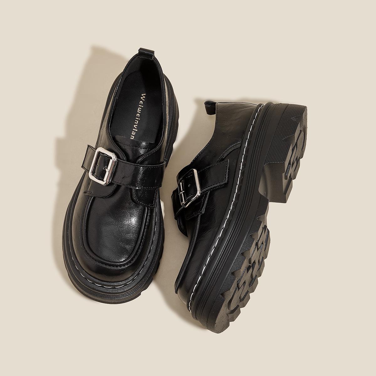 

Weiwei Women s Vintage One-Strap Buckle Loafers Autumn/Winter Thick-Soled College Style Leather Shoes 40 чорний