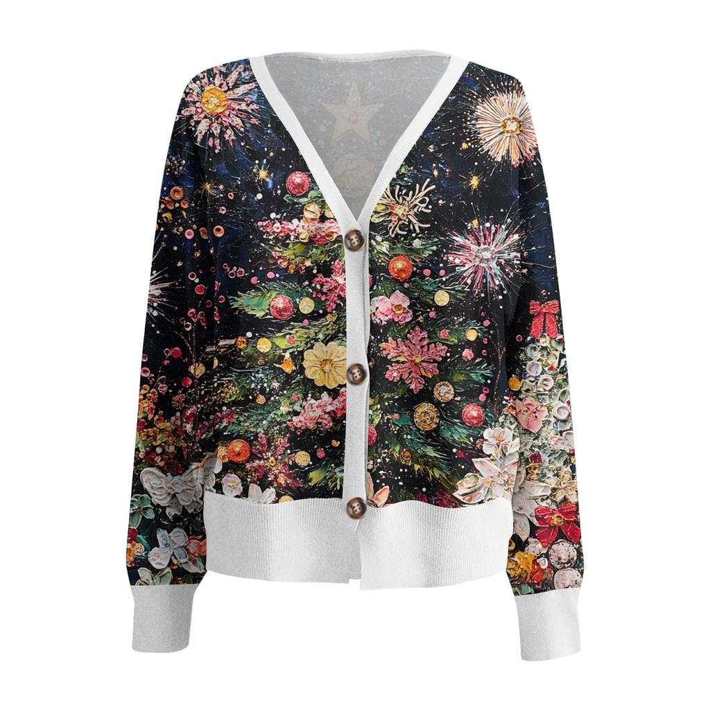 Women's Fashion Short Coat Casual Long Sleeve Christmas Printed Single Breasted Plush Top