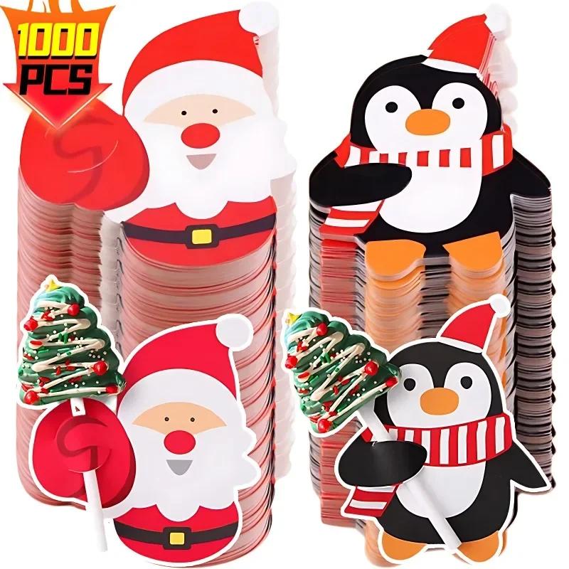 1000/25PCS Christmas Lollipop Paper Cards Cartoon Santa Claus Penguin Snowman Candy Package Wrapping Card New Year Party Decor