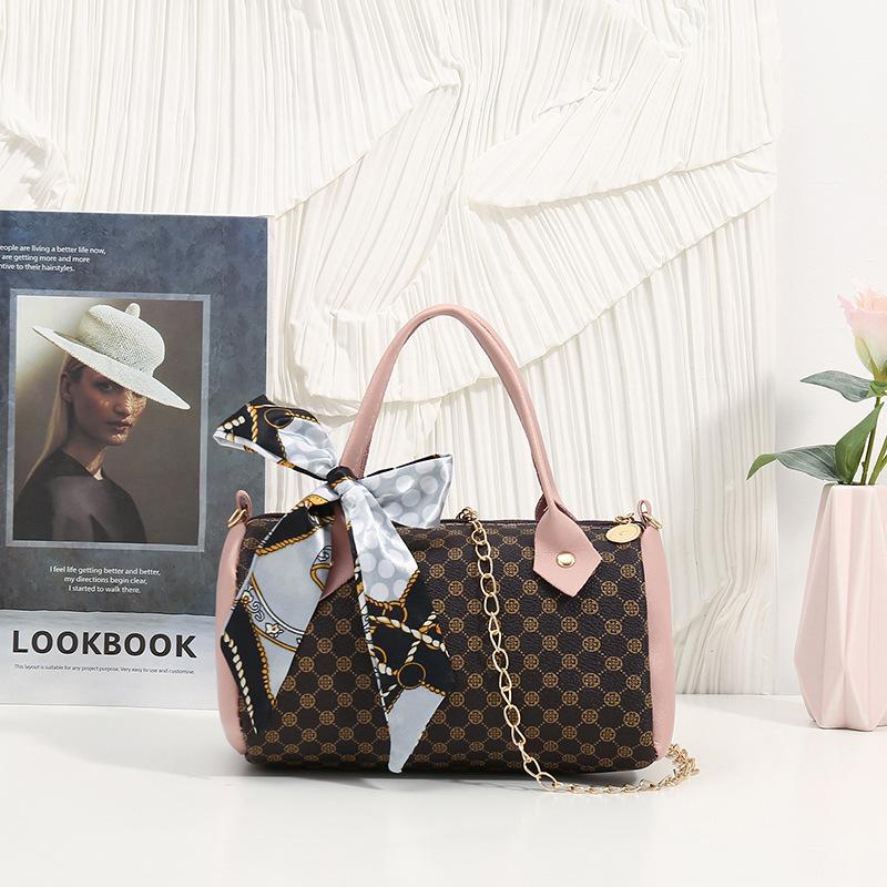 Retro Fashion Silk Scarf Printed Shoulder Crossbody Portable Women's Bag New Chain Cylinder Bag