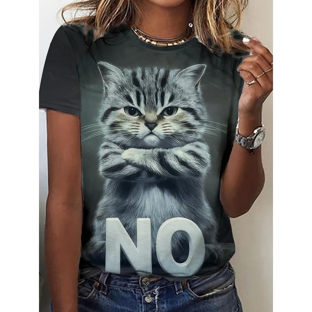 Women Summer Fashion Casual Short Sleeved Plus Size Cat Print T-shirt Casual Round Neck T-shirt Quick Drying and Breathable