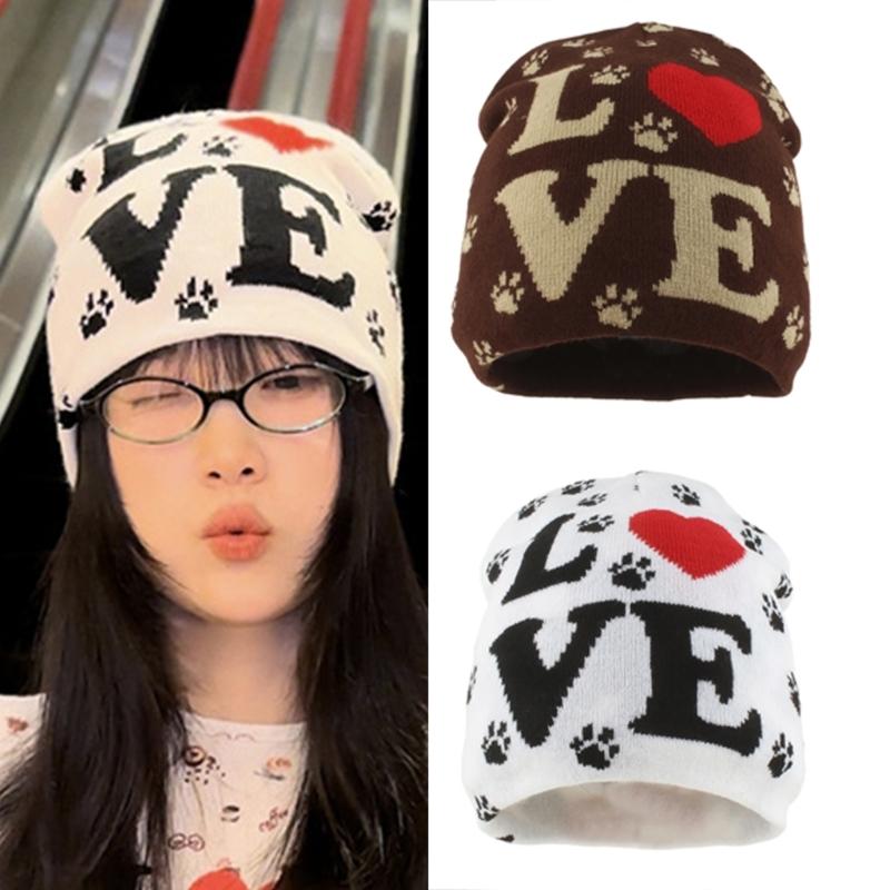 2000s Knit Brimless With Letter Heart Jacquard Design Soft Acrylic Winter Pullover Hat For Unisex Adults Teens Daily Wear