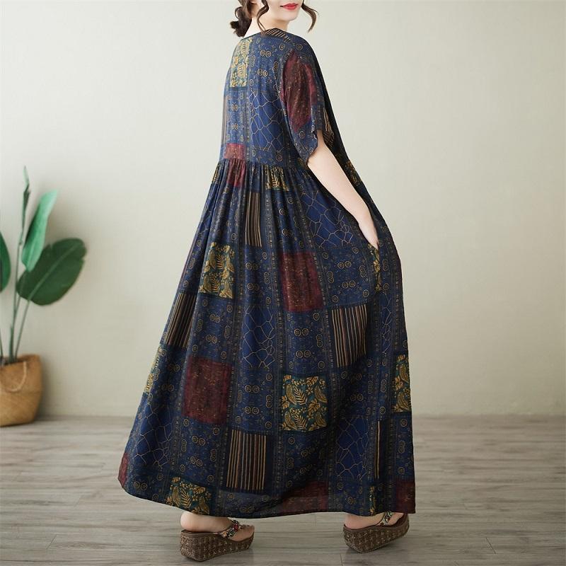 Kortärmad Plus size bomull vintage blommig ny i klänningar för kvinnor avslappnad lös lång sommarklänning