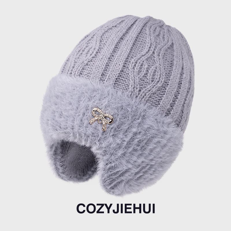 New Winter Knitted Hat Women's Fleece Thickened Autumn and Winter Wool Hat Mother Warm Ear Protection Hat Riding Windproof