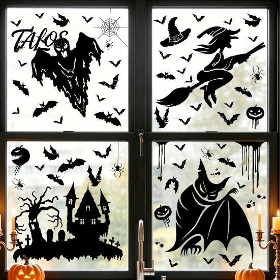Retro Horror Party Supplies Halloween Static Sticker, with Witch/Ghost/Castle/Bat Silhouette Patterns, Durable PVC Window Clings Wall Decals,