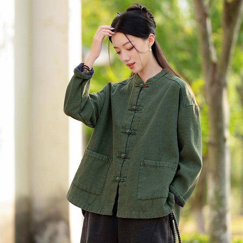 Johnature Damen Wintermantel im chinesischen Stil mit langen Ärmeln und Plüsch-Warmmänteln