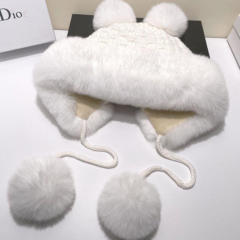 

Шапка Жіноча зимова шапка для захисту вух В язана шапка Модна плюшева потовщена мила шапка-ведмідь Дорожня холодна шапка 54-59CM