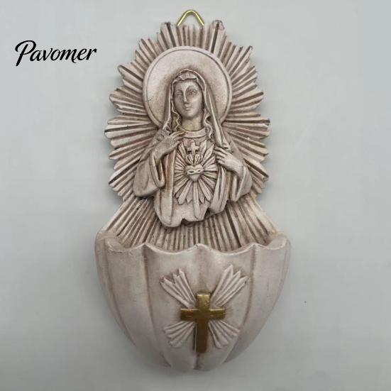 Catholic Wall Ornaments Sacred Heart of Mary Holy Water Font, Vintage Resin Basin Hanging, Religious Decor Ornament for Home Entrance Distressed