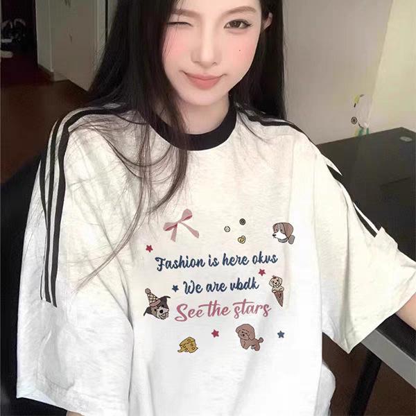 American retro three-bar gray short-sleeved t-shirt women's summer loose and lazy Guochao high street pure cotton half-sleeved top