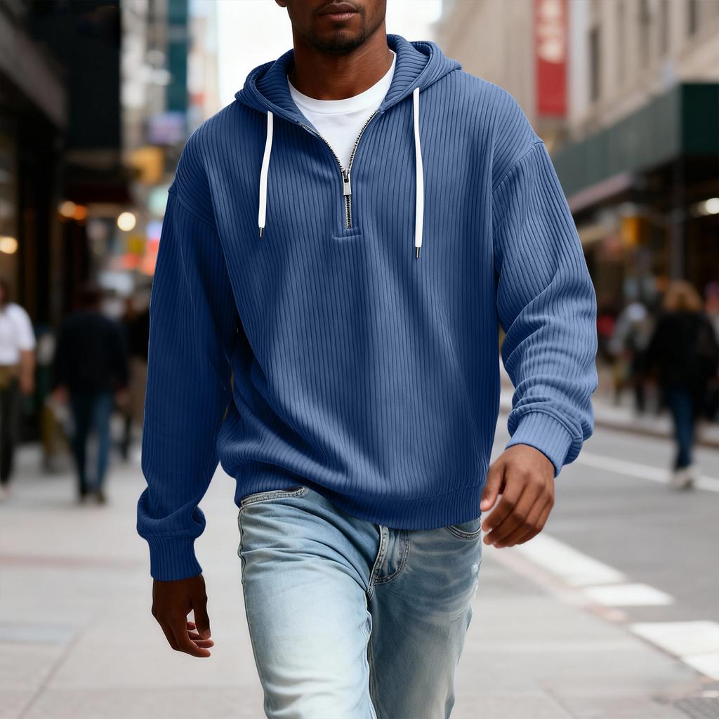 Sudadera con capucha de manga larga con cremallera para hombre, color sólido casual, camiseta de manga larga casual con cremallera para el día a día