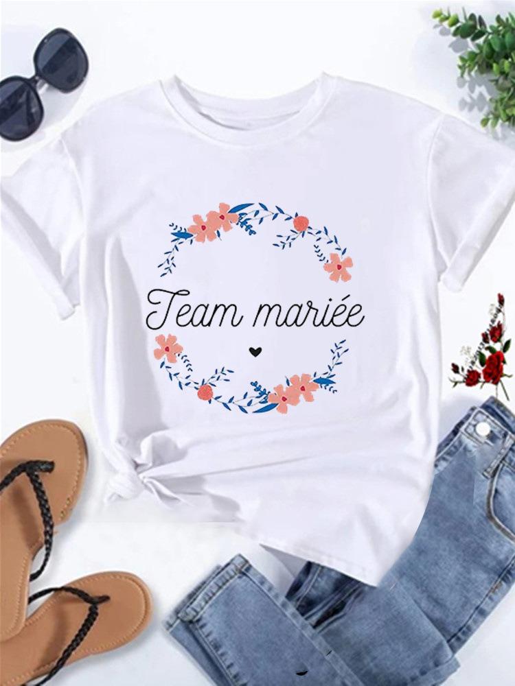 Floral Wreath French Bridal Team Womens TShirt Future Mariée Printed Short Sleeve Casual Top Bachelorette Party Gift