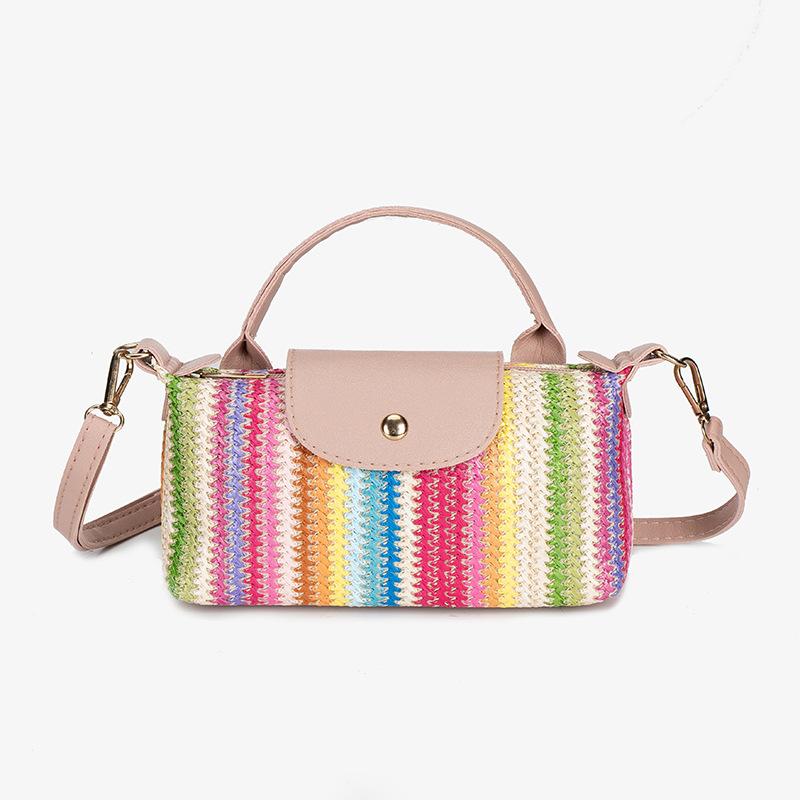 

Летняя радужная соломенная сумка-тоут Новая модная повседневная плетеная сумка-пельмень Модная универсальная сумка на одно плечо через плечо розовый