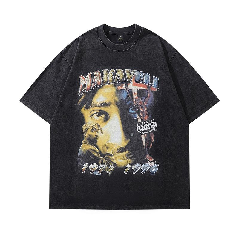 

American Retro Trendy Brand Hip-Hop Portrait Print Washed Old Short-Sleeved T-Shirt Men S And Women S Vintage Half-Sleeved Top XXL
