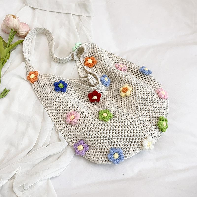 Woven Bag Women's New Shoulder Tote Bag Lazy Wind Knitted Hollow Flower Beach Bag