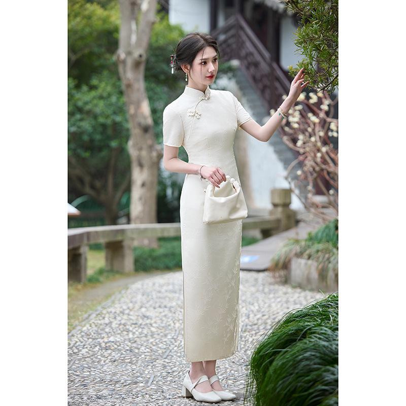 New Chinese cheongsam jacquard short-sleeved dress women's national style temperament long dress apricot waist hip skirt
