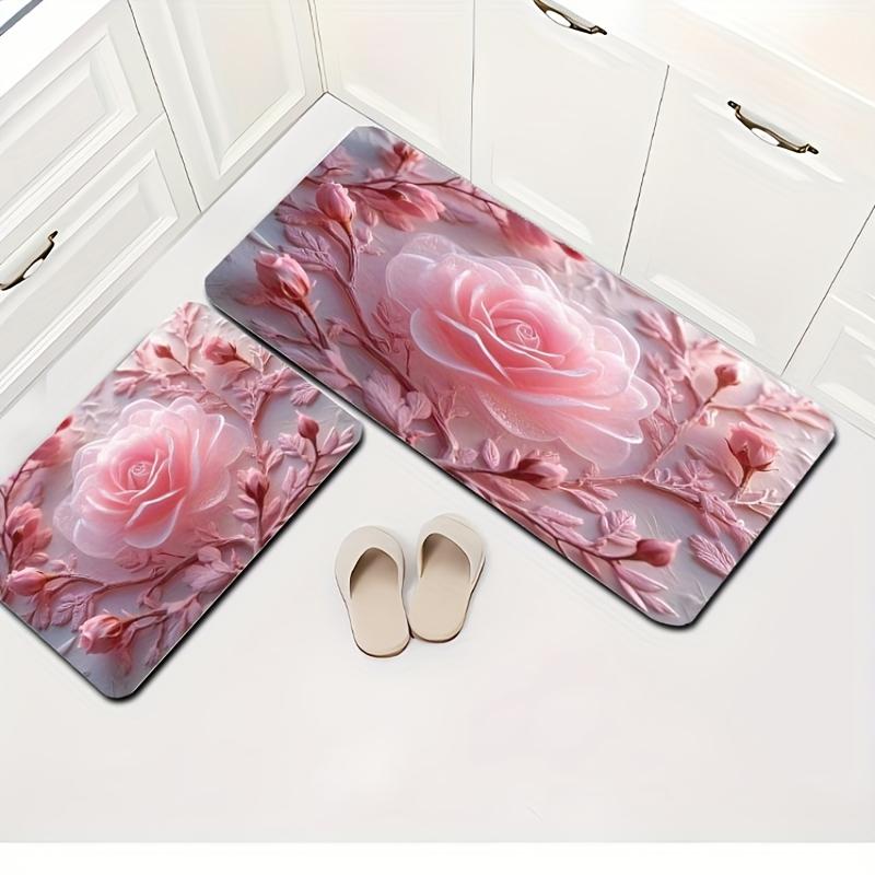 

1 шт. Коврик для пола с розовым узором розы, Современный кухонный ковер из полиэстера, Нескользящий, Цветной ковер для помещений, Для дома, ванной комнаты, спальни, гостиной, декор 40*60cm