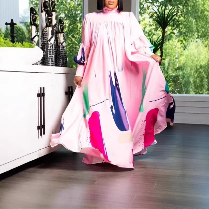 Holiday Style Stand-up Collar Back Neck Water Drop Hollow Button Lantern Long Sleeve Loose Pendulum Silhouette Full Body Print Dress