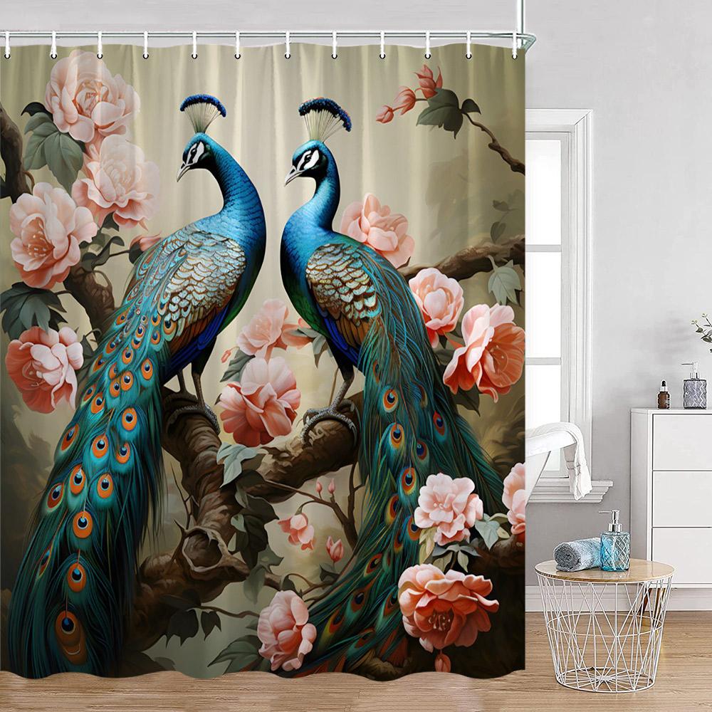 Peacock Shower Curtain Modern Oil Paniting Animals Flowers Plants Floral Bathroom Decor Elegant Fabric Bath Curtains with Hooks