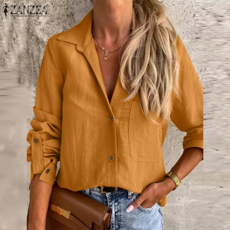 

ZANZEA Женские повседневные блузки с отложным воротником и длинными рукавами