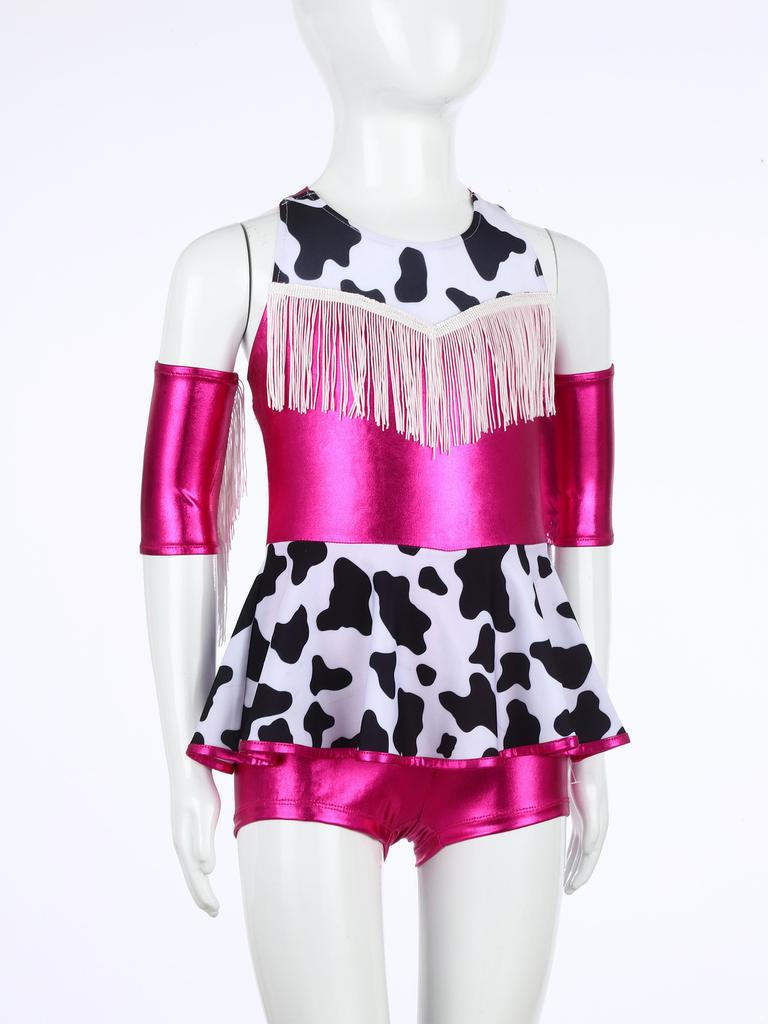 Girls Cowgirl Costume for Cosplay Party Metallic Gloss Cross Back Straps Fringed Dress with Built-in Shorts
