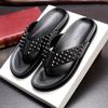 Fashion Men's Rivet Decoration Black Genuine Leather Slipper Shoes Flat Heel Slip On Male Outside Beach Leisure Sandals Shoes