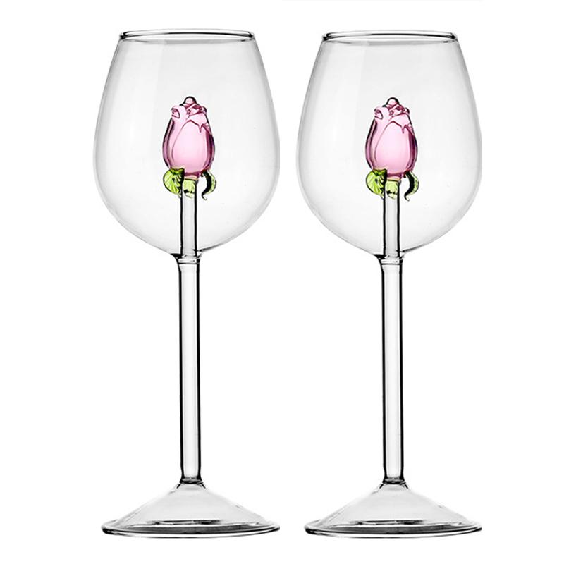 1/2Pcs Creative 3D Rose Red Wine Glasses,Pink Rose Build-In Goblet for Restaurants Parties Bar,Clear Glass Cup Valentine Gifts