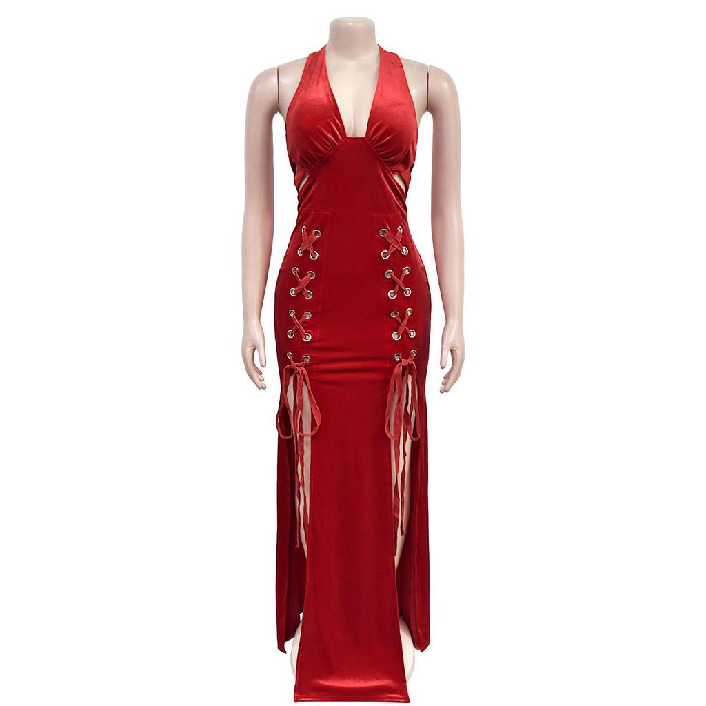 Women's Halter Backless Sexy Slit Long Dress - European and American Fashion