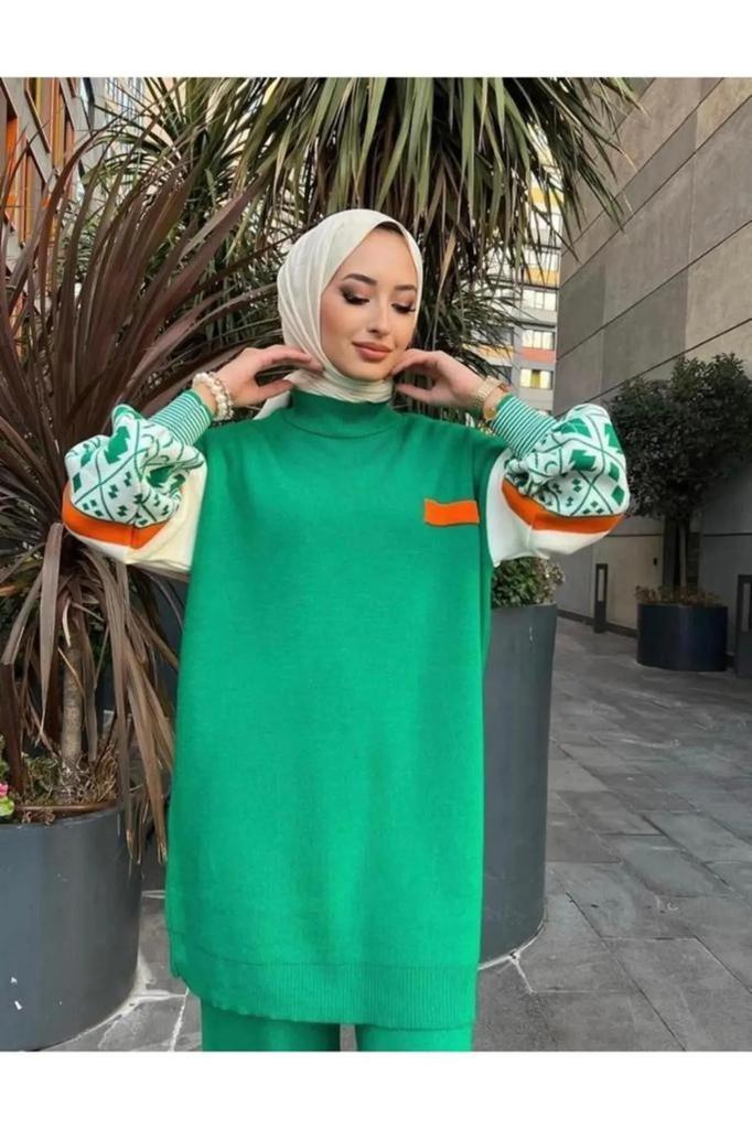 Langhalset ballongerme for kvinner, lang genser med brede ben, strikkede hijabbukser