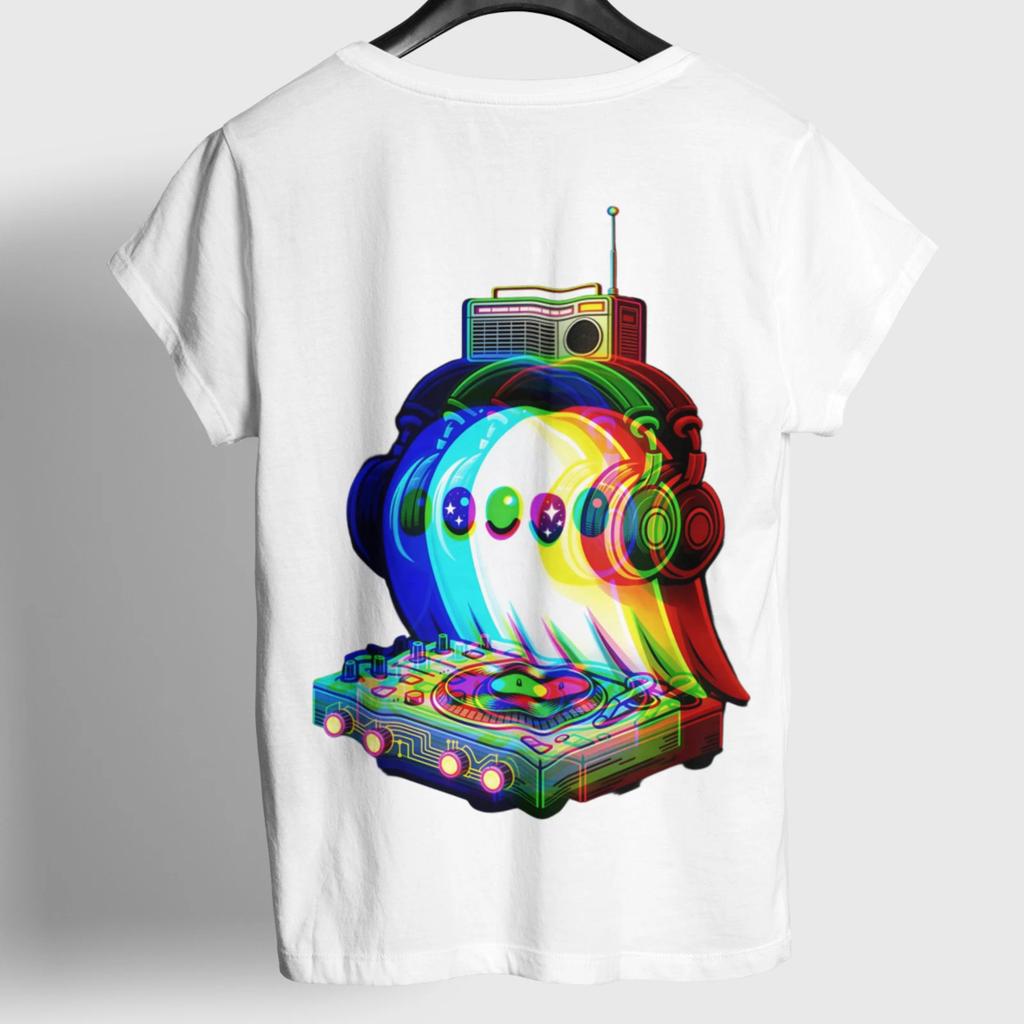 DJ Ghost T-Shirt Retro Neon Halloween Rave Music Festival Graphic Tee Back Print