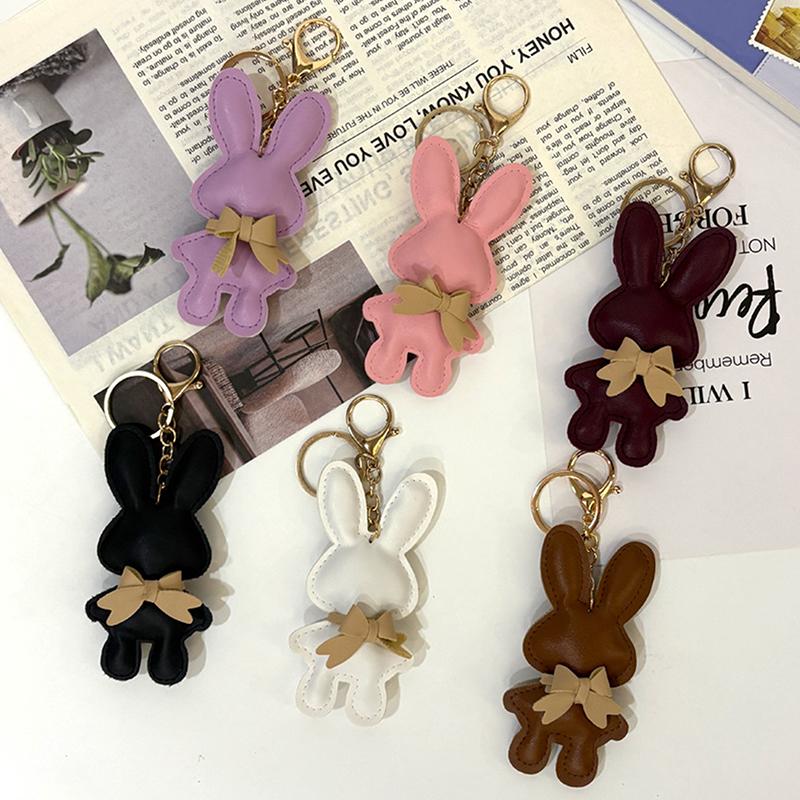 1Pc Cute Pu Leather Solid Color Bunny Keychain Creative Bow Bunny Keyring Car Key Holder Pendant Bag Charm Gifts
