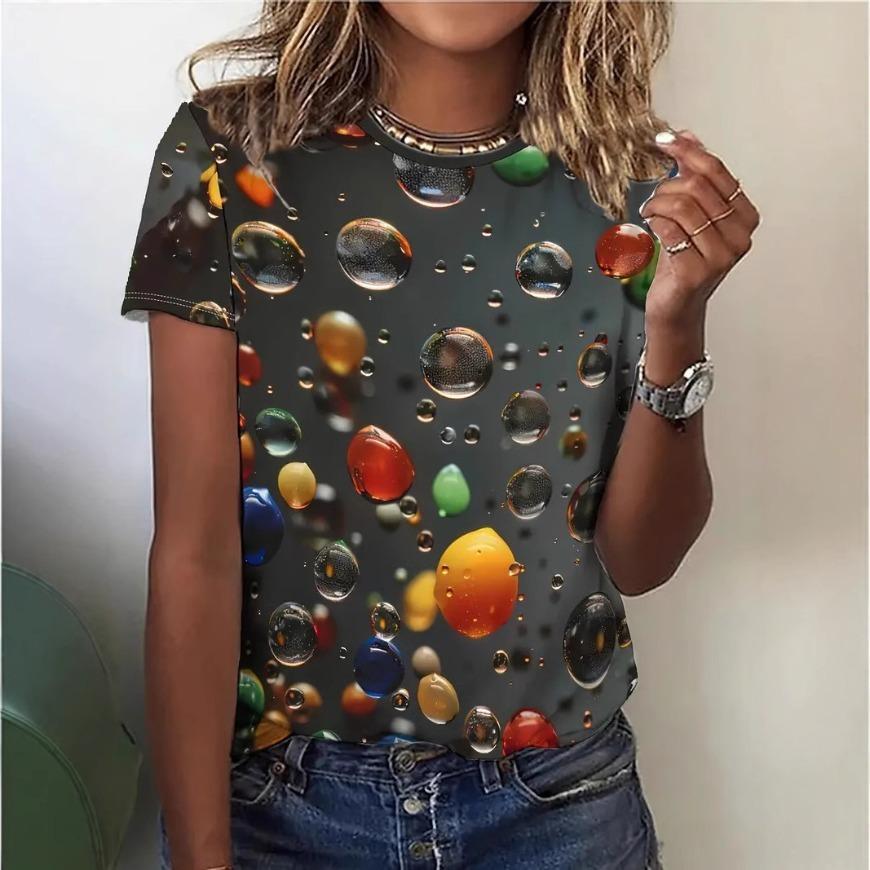 Bubbles and Droplets T-shirt Vintage 3D Crewneck Print Tops Women's Spring/summer Trend Short Sleeved Top