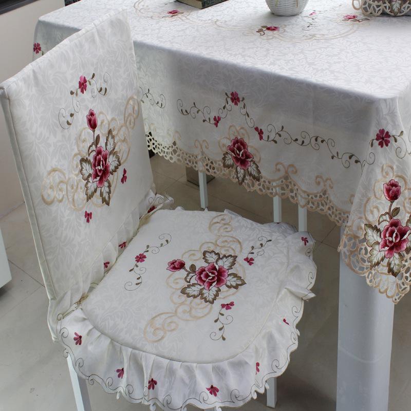 Pastorales gesticktes Polyester Tischdecken- & Stuhlhussen-Set - Mehrzweck-Staubdichter Stoff für Zuhause